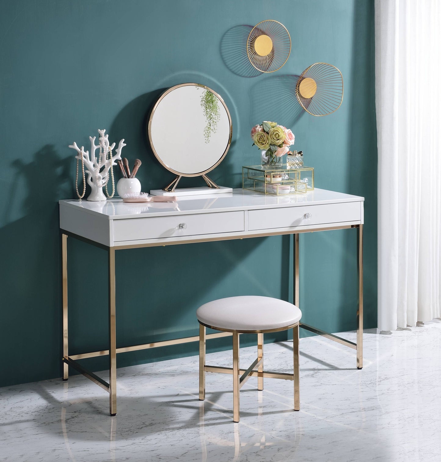 White High Gloss and Gold 2-drawer Writing Desk