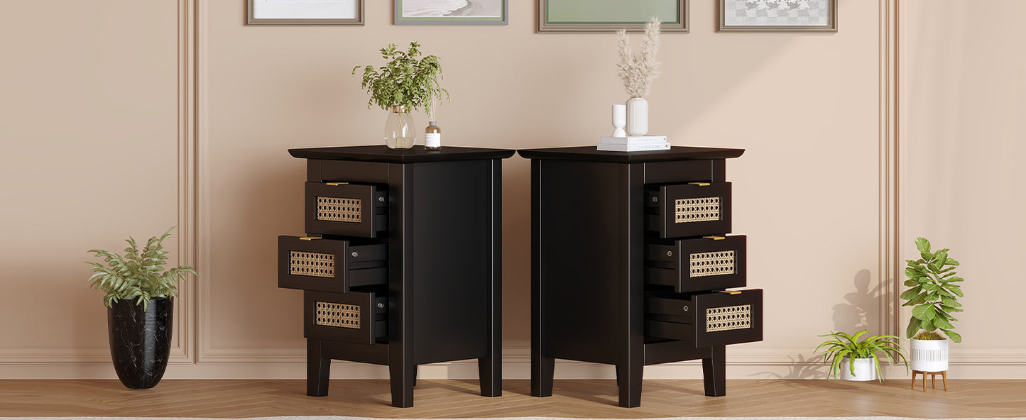 Wooden Nightstands Set of 2 with Rattan-Woven Surfaces and Three Drawers, Exquisite Elegance with Natural Storage Solutions for Bedroom, Black