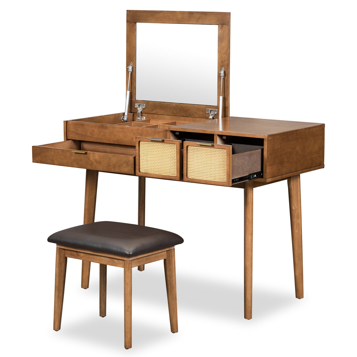 43.3" Classic Wood Makeup Vanity Set with Flip-top Mirror and Stool, Dressing Table with Three Drawers and storage space, Brown