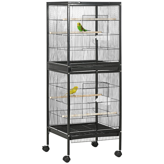 PawHut Large Bird Cage with 1.7 ft. Width for Wingspan, Bird Aviary Indoor with Multi-Door Design, Fit for a Canary, Finch, Conure, 55", Black