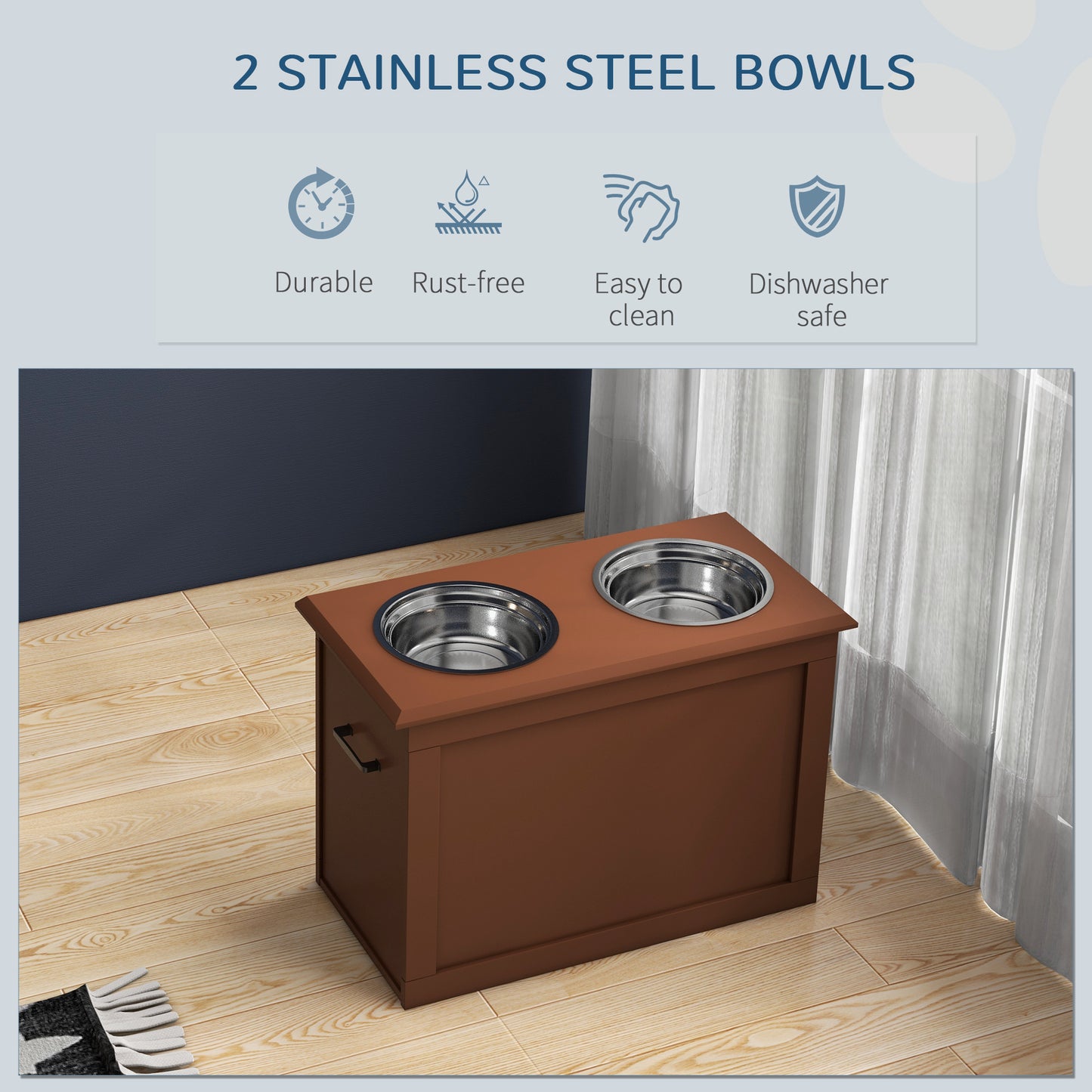 PawHut Raised Pet Feeding Storage Station with 2 Stainless Steel Bowls Base for Large Dogs and Other Large Pets, Brown