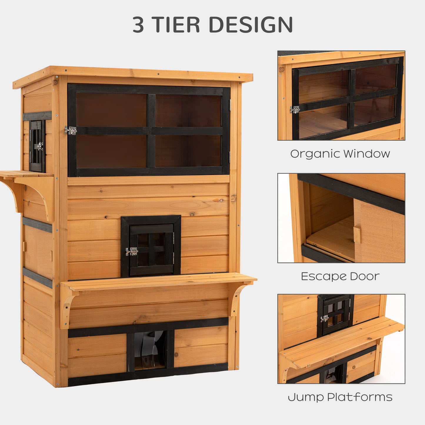 PawHut 3-Story Cat House Feral Cat Shelter, Outdoor Kitten Condo with Raised Floor, Asphalt Roof, Escape Doors, Jumping Platforms, Yellow