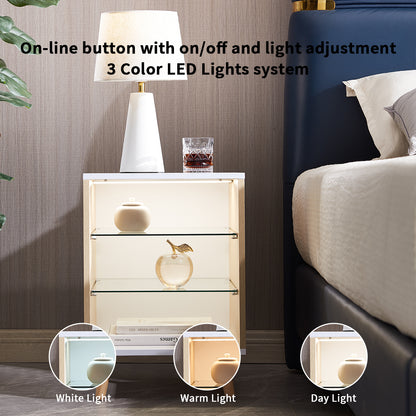 LED Nightstand with 2 Glass Shelves, Modern Bedside Table with 3 Color LED Lighting/Adustable Brightness, Nightstand for Bedroom/Living Room, Natural Wood