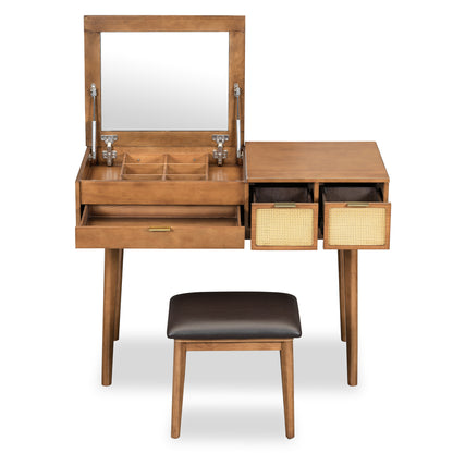 43.3" Classic Wood Makeup Vanity Set with Flip-top Mirror and Stool, Dressing Table with Three Drawers and storage space, Brown