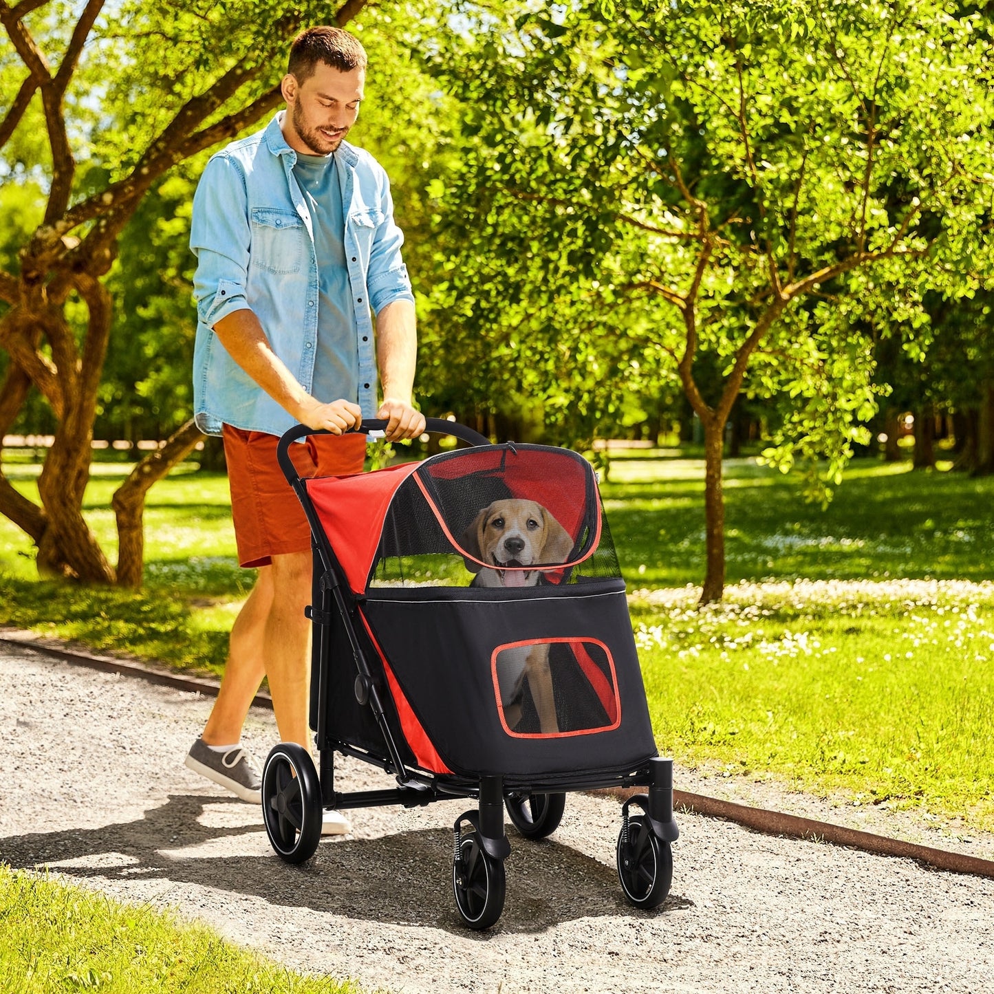 PawHut One-Click Foldable Doggy Stroller for Medium Large Dogs, Pet Stroller with Storage, Smooth Ride with Shock Absorption, Mesh Window, Safety Leash, Big Dog Walking Stroller, Red