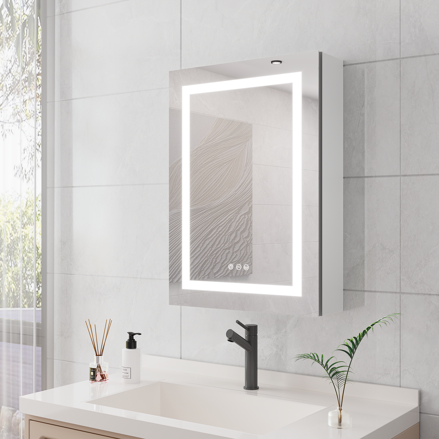 20 X 28 inch Bathroom Medicine Cabinet with Mirror Wall Mounted LED Bathroom Mirror Cabinet with Lights, Anti-Fog, Waterproof, Dimmable,3000K~6000K, Single Door,Touch Swich, Storage Shelves