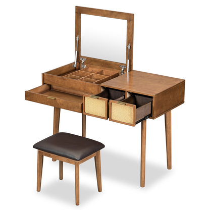 43.3" Classic Wood Makeup Vanity Set with Flip-top Mirror and Stool, Dressing Table with Three Drawers and storage space, Brown