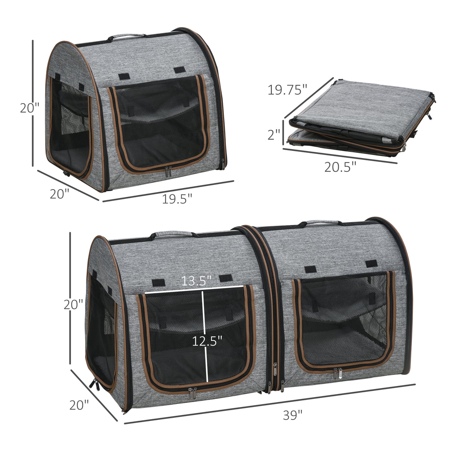 PawHut 39" Portable Soft-Sided Pet Cat Carrier with Divider, Two Compartments, Soft Cushions, & Storage Bag, Grey