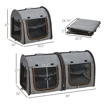 PawHut 39" Portable Soft-Sided Pet Cat Carrier with Divider, Two Compartments, Soft Cushions, & Storage Bag, Grey