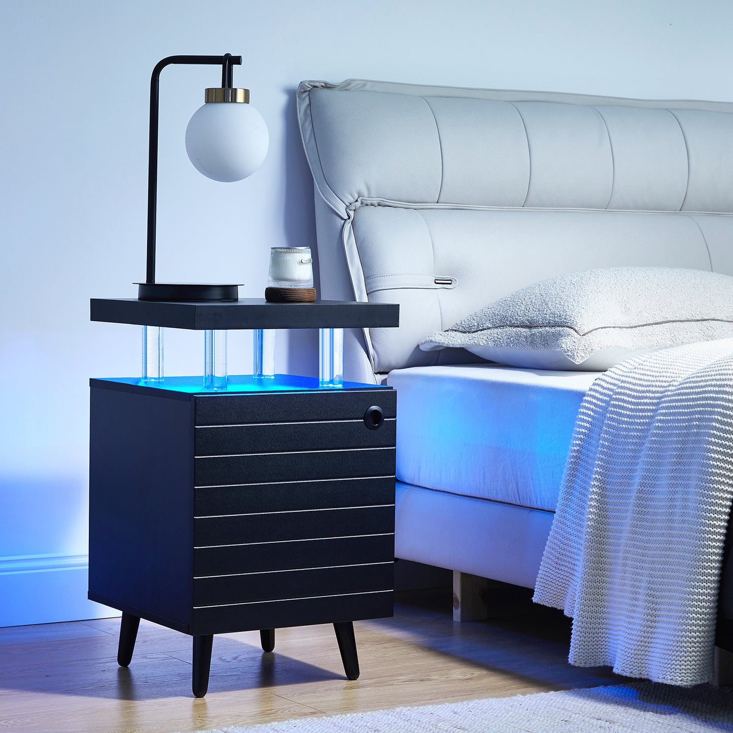 LED Nightstand LED Bedside Table End Tables Living Room with 4 Acrylic Columns, Bedside Table with Drawers for Bedroom Black