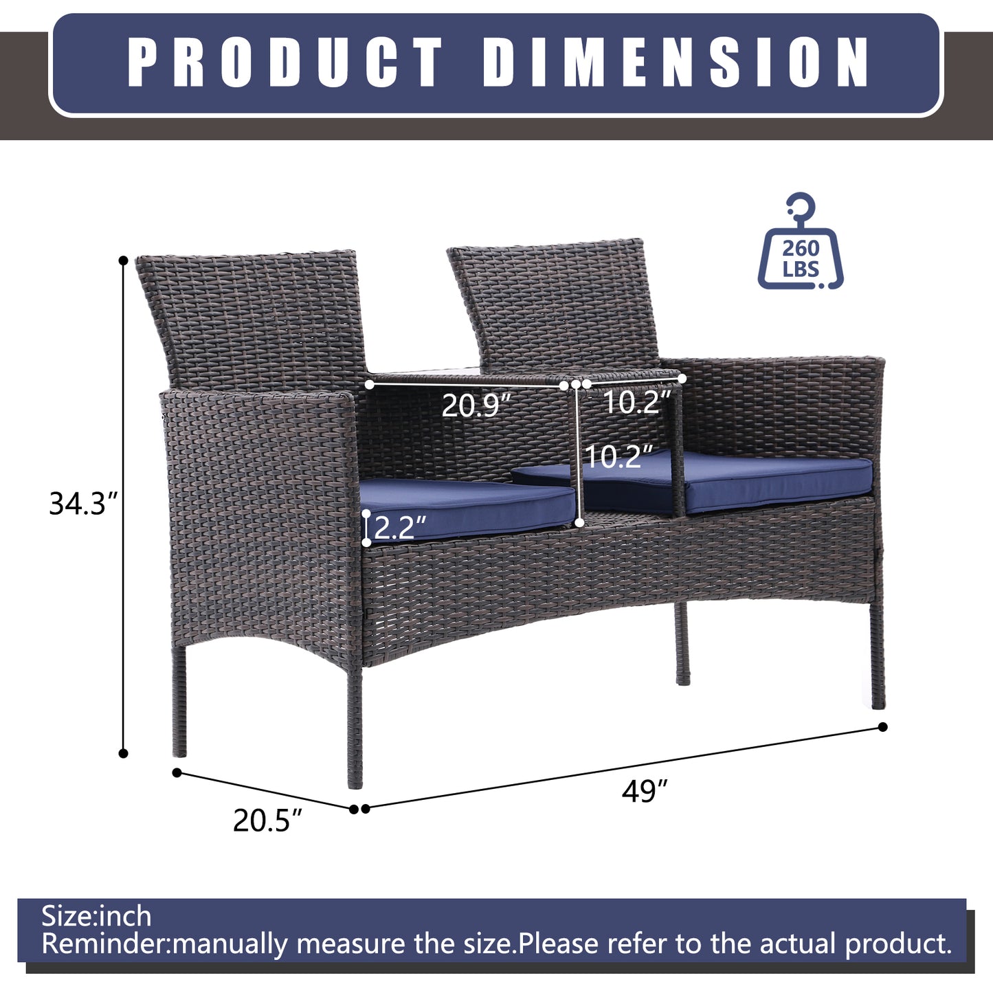 Outdoor Patio Loveseat Set,All Weather PE Rattan and Steel Frame Conversation Furniture with Built-in Coffee Table,Tempered Glass Top and Removable Cushions for Garden Lawn Backyard (Brown+Blue)