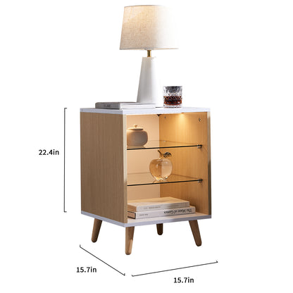 LED Nightstand with 2 Glass Shelves, Modern Bedside Table with 3 Color LED Lighting/Adustable Brightness, Nightstand for Bedroom/Living Room, Natural Wood