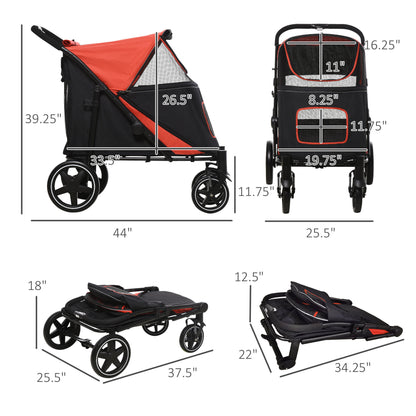 PawHut One-Click Foldable Doggy Stroller for Medium Large Dogs, Pet Stroller with Storage, Smooth Ride with Shock Absorption, Mesh Window, Safety Leash, Big Dog Walking Stroller, Red