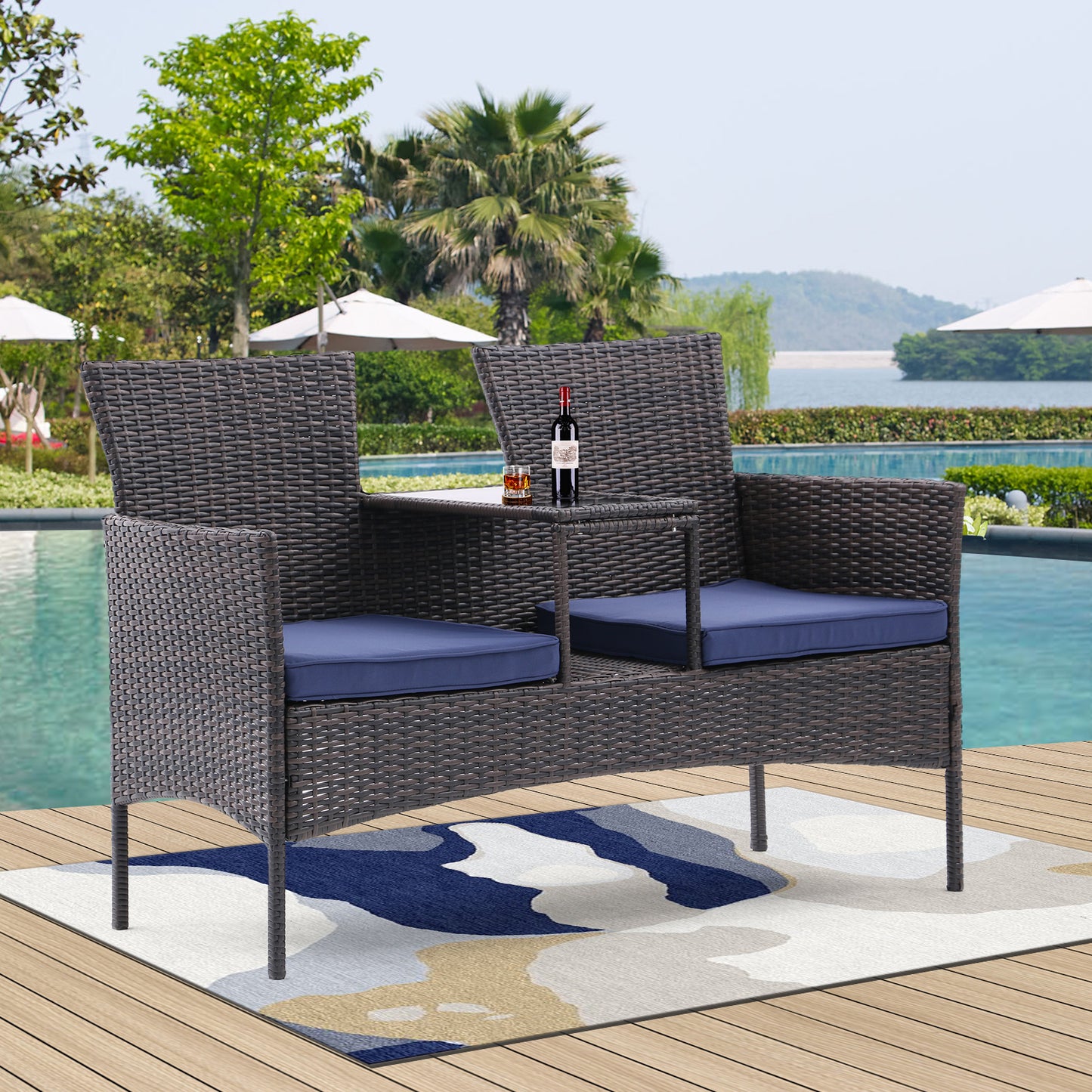 Outdoor Patio Loveseat Set,All Weather PE Rattan and Steel Frame Conversation Furniture with Built-in Coffee Table,Tempered Glass Top and Removable Cushions for Garden Lawn Backyard (Brown+Blue)