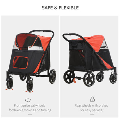 PawHut One-Click Foldable Doggy Stroller for Medium Large Dogs, Pet Stroller with Storage, Smooth Ride with Shock Absorption, Mesh Window, Safety Leash, Big Dog Walking Stroller, Red