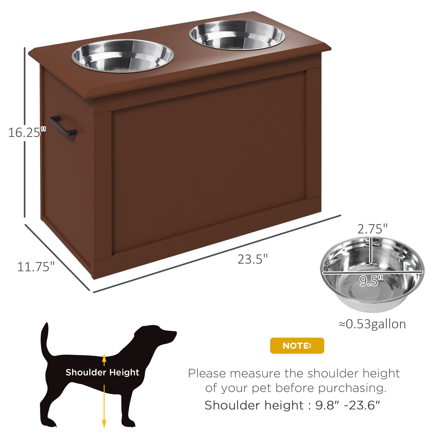 PawHut Raised Pet Feeding Storage Station with 2 Stainless Steel Bowls Base for Large Dogs and Other Large Pets, Brown