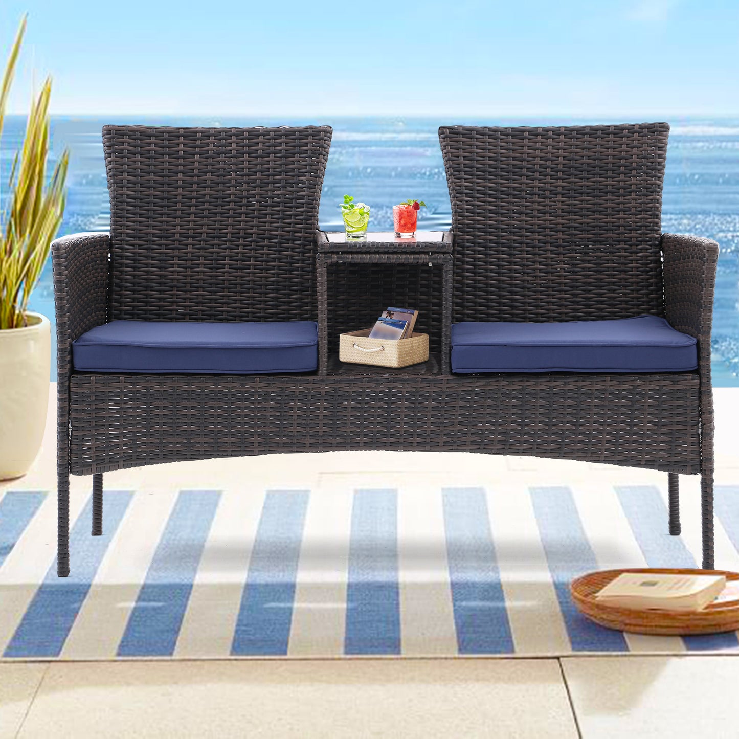 Outdoor Patio Loveseat Set,All Weather PE Rattan and Steel Frame Conversation Furniture with Built-in Coffee Table,Tempered Glass Top and Removable Cushions for Garden Lawn Backyard (Brown+Blue)