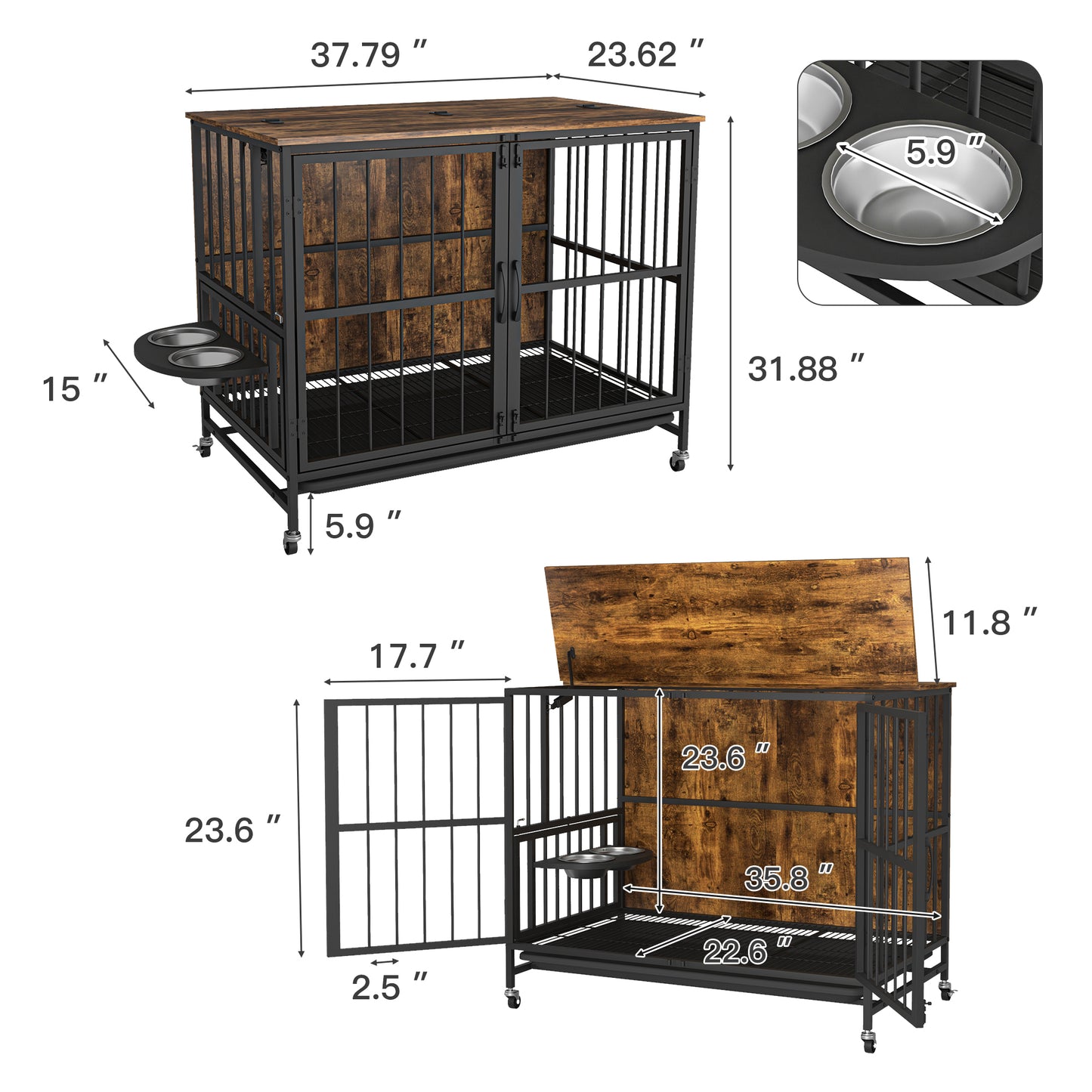 Modern Kennel Dogs room up to 80 LB, Dog crate furniture with Multi-Purpose Rremovable Ttray, Double-Door Dog House, lift Panel, 360 Degree Rotation -3 Height Adjustable Feeding Bowls(Brown)