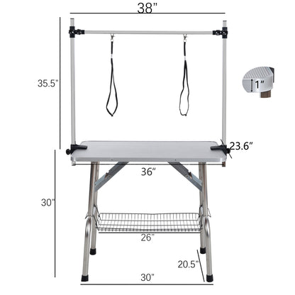 36" Folding Dog Pet Grooming Table Stainless Steel Frame Rubber Mat on Board with Adjustable Arm and Clamps pet dog Cat Grooming Table (SILVER-GRAY COLOR)