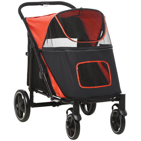 PawHut One-Click Foldable Doggy Stroller for Medium Large Dogs, Pet Stroller with Storage, Smooth Ride with Shock Absorption, Mesh Window, Safety Leash, Big Dog Walking Stroller, Red