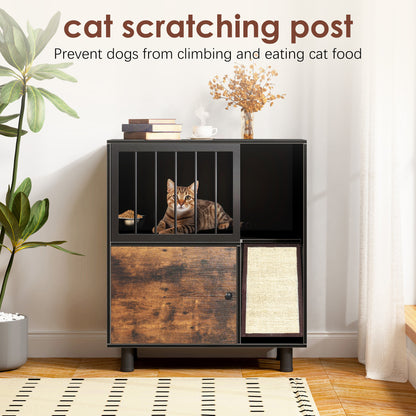 Cat feeding station, feeding station with cat scratching board, cat locker with storage, black vintage color