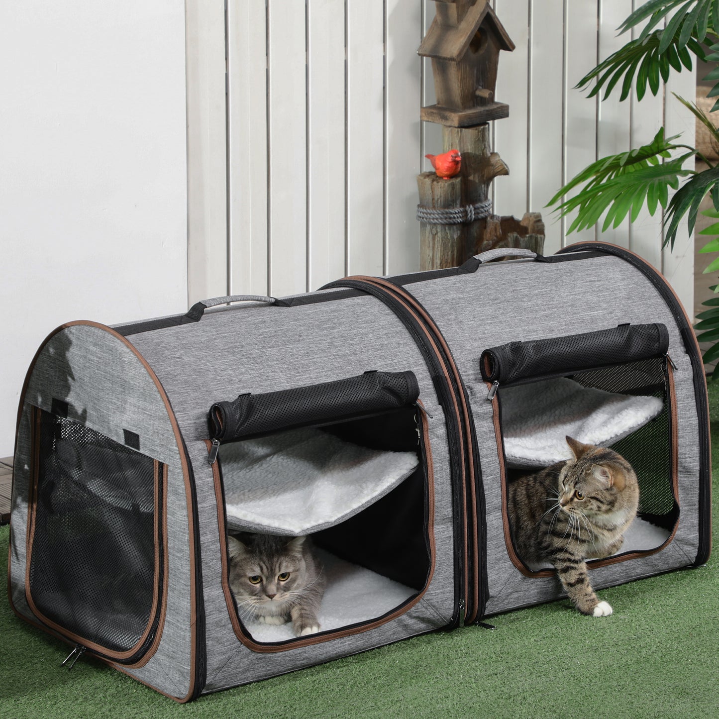 PawHut 39" Portable Soft-Sided Pet Cat Carrier with Divider, Two Compartments, Soft Cushions, & Storage Bag, Grey