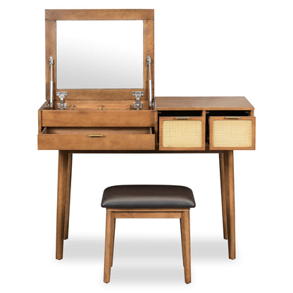 43.3" Classic Wood Makeup Vanity Set with Flip-top Mirror and Stool, Dressing Table with Three Drawers and storage space, Brown