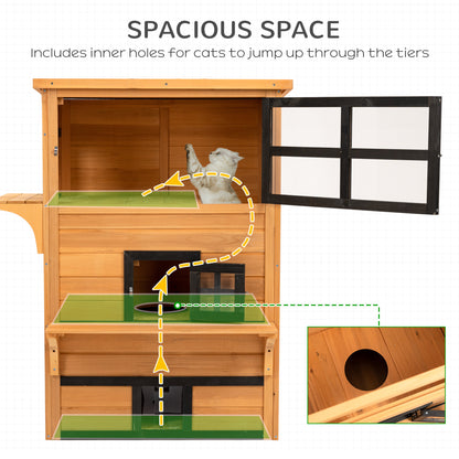 PawHut 3-Story Cat House Feral Cat Shelter, Outdoor Kitten Condo with Raised Floor, Asphalt Roof, Escape Doors, Jumping Platforms, Yellow