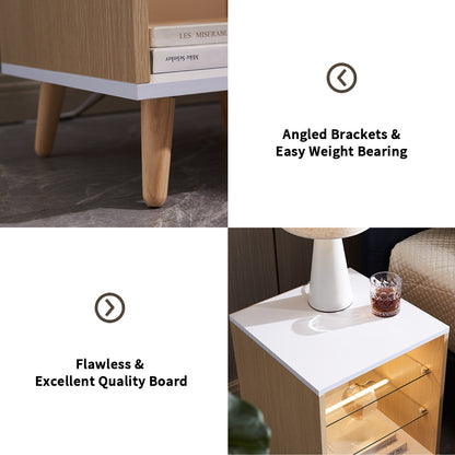 LED Nightstand with 2 Glass Shelves, Modern Bedside Table with 3 Color LED Lighting/Adustable Brightness, Nightstand for Bedroom/Living Room, Natural Wood