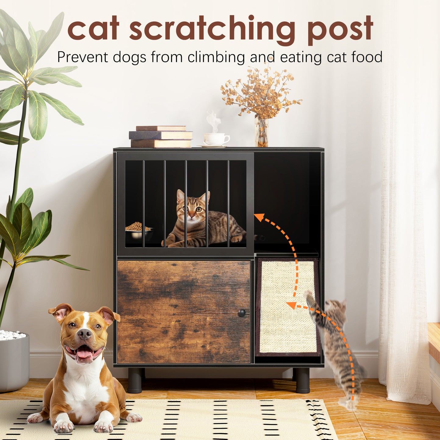 Cat feeding station, feeding station with cat scratching board, cat locker with storage, black vintage color