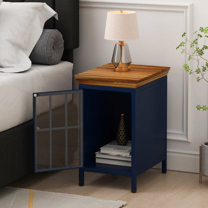 Nightstand with Storage Cabinet & Solid Wood Tabletop, Bedside Table, Sofa Side Coffee Table for Bedroom, Living Room, Dark Blue