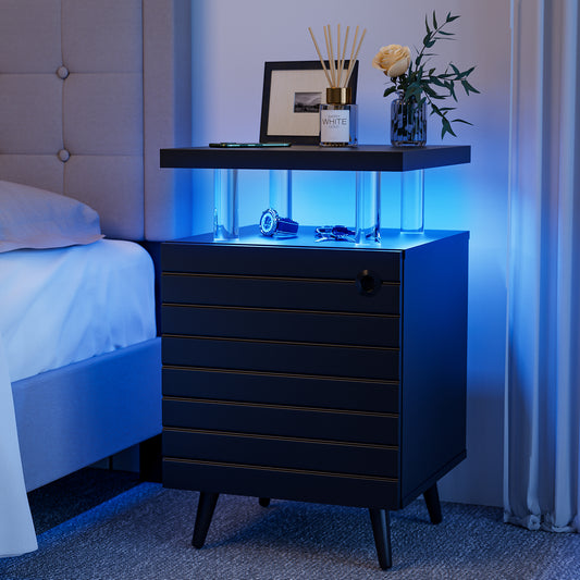 LED Nightstand LED Bedside Table End Tables Living Room with 4 Acrylic Columns, Bedside Table with Drawers for Bedroom Black