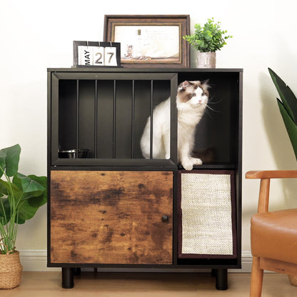 Cat feeding station, feeding station with cat scratching board, cat locker with storage, black vintage color