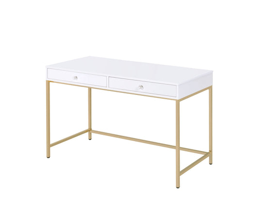 White High Gloss and Gold 2-drawer Writing Desk