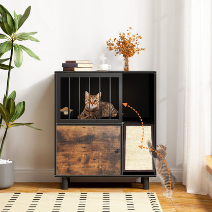 Cat feeding station, feeding station with cat scratching board, cat locker with storage, black vintage color