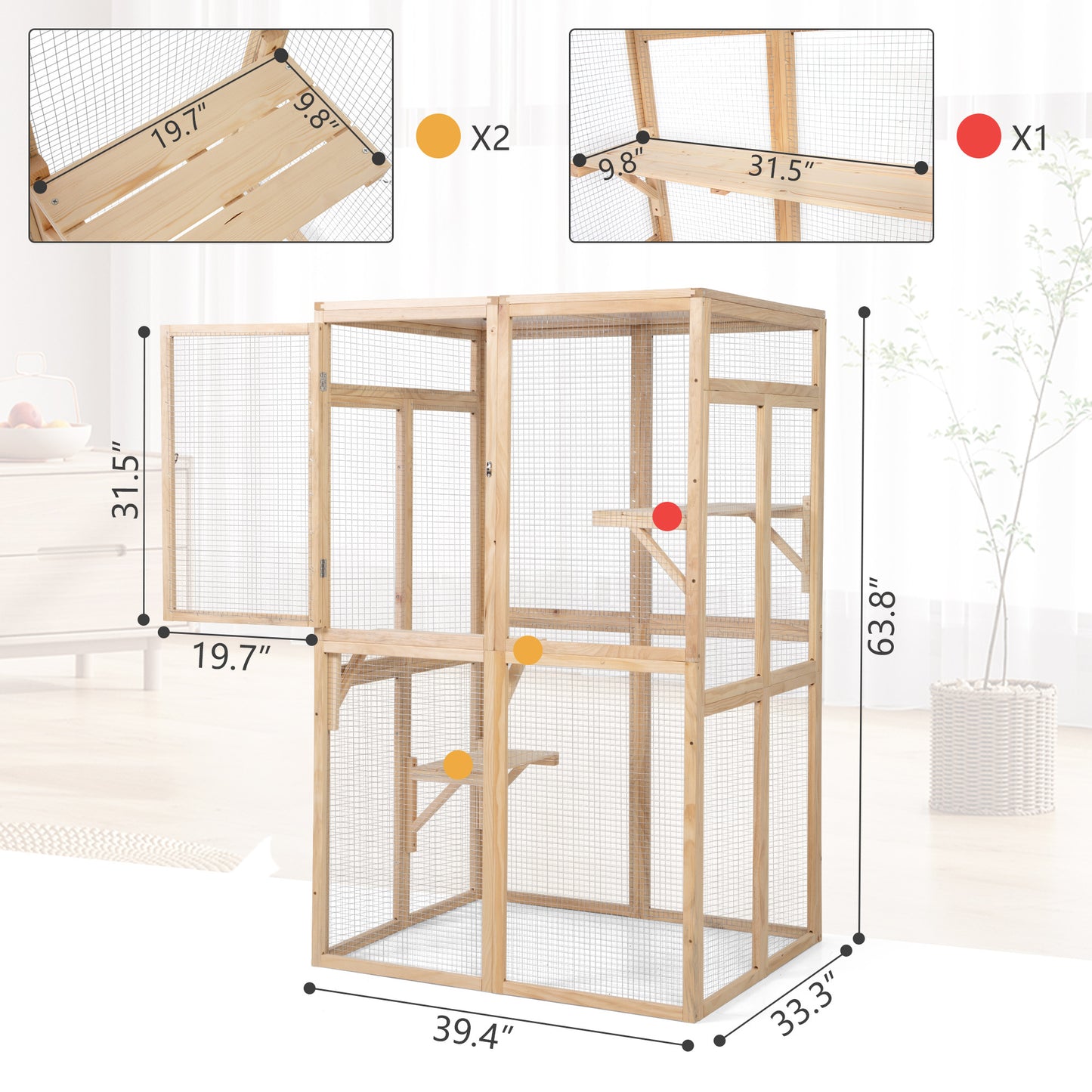 Wooden Cat Catio, Outdoor Cat Enclosure, Cat House with Platforms, Sunshine Board, Hammock, Door, Kitten Cage Condo, Burlywood